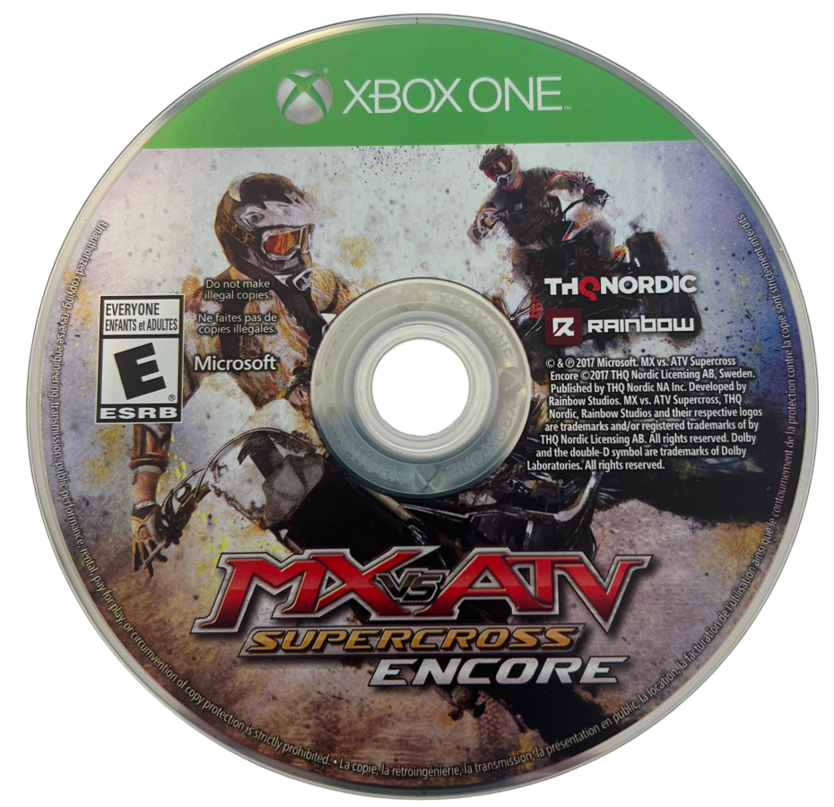 MX vs. ATV Supercross Encore 2017 Official Track Edition for Xbox One, disc image for an off-road motocross racing sports video game