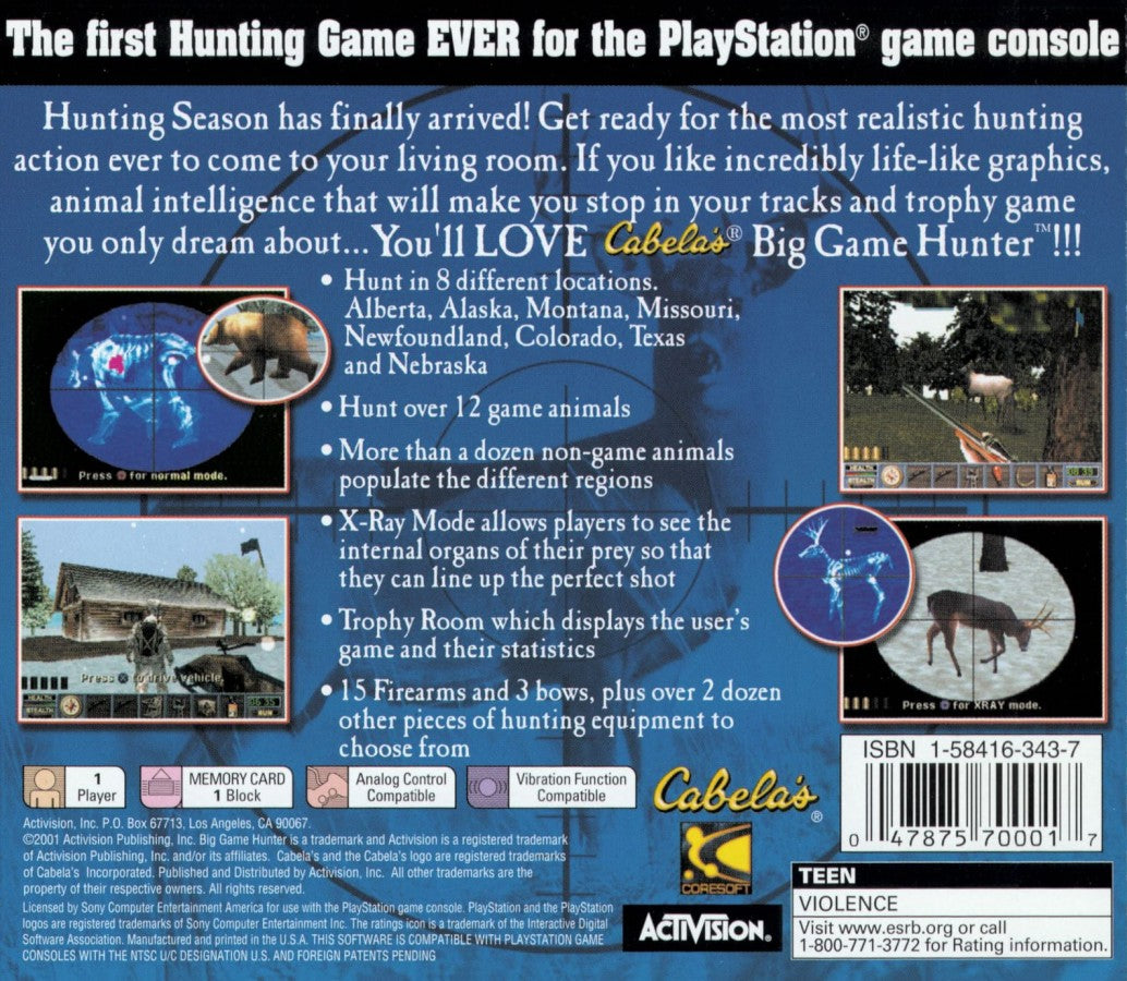 Big Game Hunter: Ultimate Challenge hunting sports video game featuring realistic outdoor environments tracked animal behavior strategic weapon use and immersive Cabela’s big game hunting experience back cover 