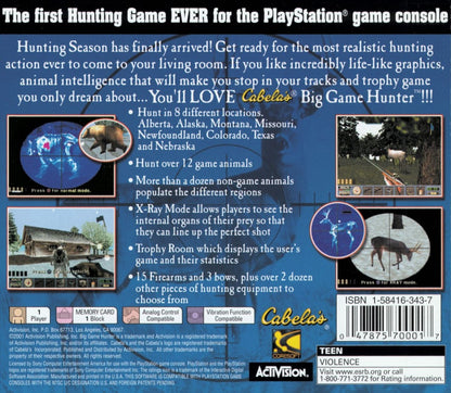 Big Game Hunter: Ultimate Challenge hunting sports video game featuring realistic outdoor environments tracked animal behavior strategic weapon use and immersive Cabela’s big game hunting experience back cover 
