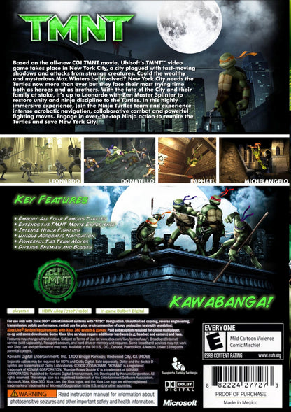 TMNT Xbox 360 inspired design featuring Teenage Mutant Ninja Turtles action adventure aesthetic fast paced ninja combat sewer dwelling heroes acrobatic platforming comic book style visuals cooperative gameplay nostalgic HD era presentation back cover 