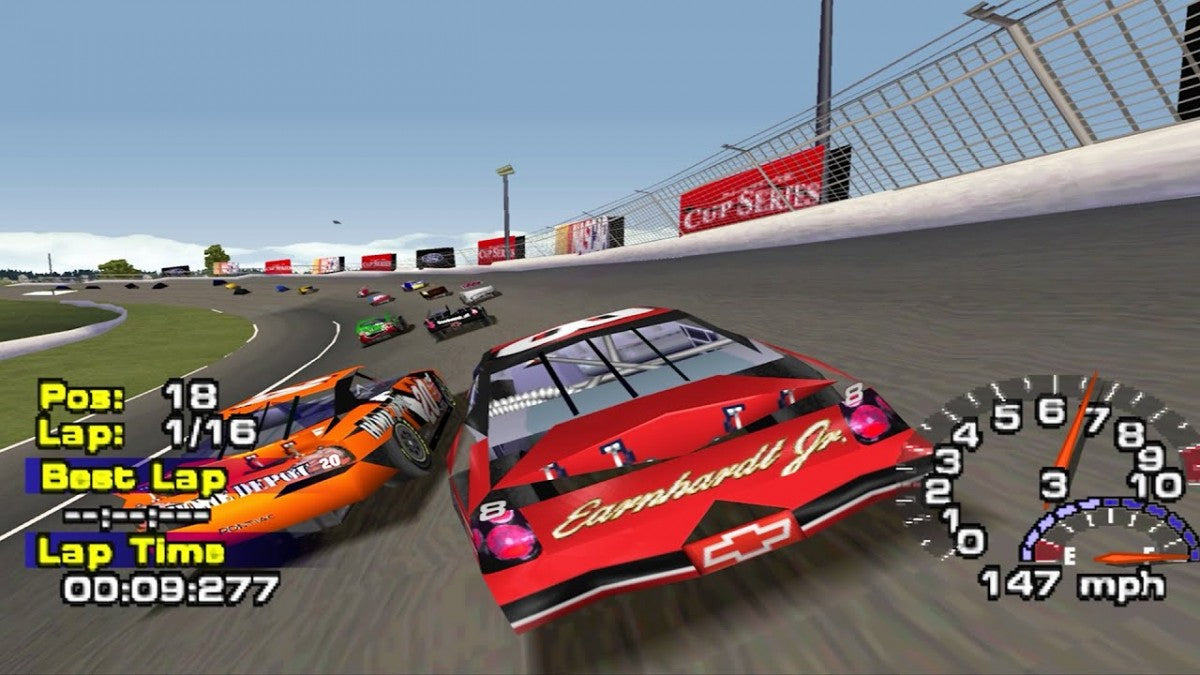 NASCAR Thunder 2003 PlayStation 1 PS1 video game, stock car racing simulation, official NASCAR teams and tracks, console racing title gameplay screenshot