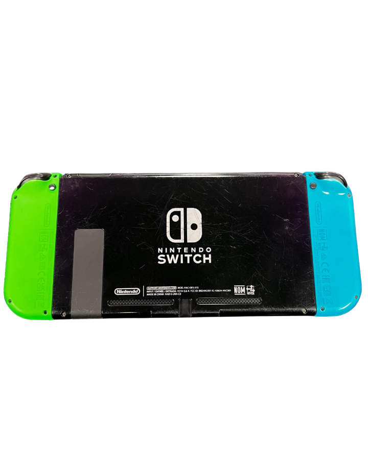 Rear view of a Nintendo Switch console with a neon blue left Joy-Con and neon green right Joy-Con, showing cosmetic wear and tear on the back casing and controllers.