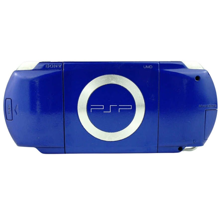 PlayStation Portable 1000 Console (PSP) [Blue][JP Import] in scratch and scuff condition featuring Sony’s original PSP-1000 handheld with a bright widescreen display and portable UMD gaming; this Japanese import system shows noticeable cosmetic wear but is fully functional and ready for gaming on the go back face