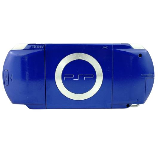 PlayStation Portable 1000 Console (PSP) [Blue][JP Import] in scratch and scuff condition featuring Sony’s original PSP-1000 handheld with a bright widescreen display and portable UMD gaming; this Japanese import system shows noticeable cosmetic wear but is fully functional and ready for gaming on the go back face