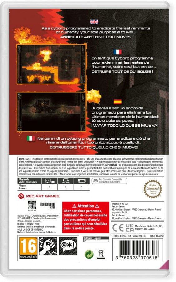 Butcher PAL Import Nintendo Switch inspired design featuring brutal action platform shooter aesthetic relentless side scrolling combat dark industrial environments pixel art visuals intense enemy encounters fast paced gameplay and retro inspired arcade challenge presentation back cover