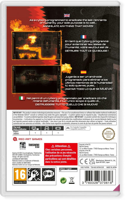 Butcher PAL Import Nintendo Switch inspired design featuring brutal action platform shooter aesthetic relentless side scrolling combat dark industrial environments pixel art visuals intense enemy encounters fast paced gameplay and retro inspired arcade challenge presentation back cover