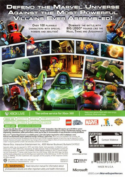 LEGO Marvel Super Heroes back of case for Xbox 360 (X360) action-adventure superhero video game