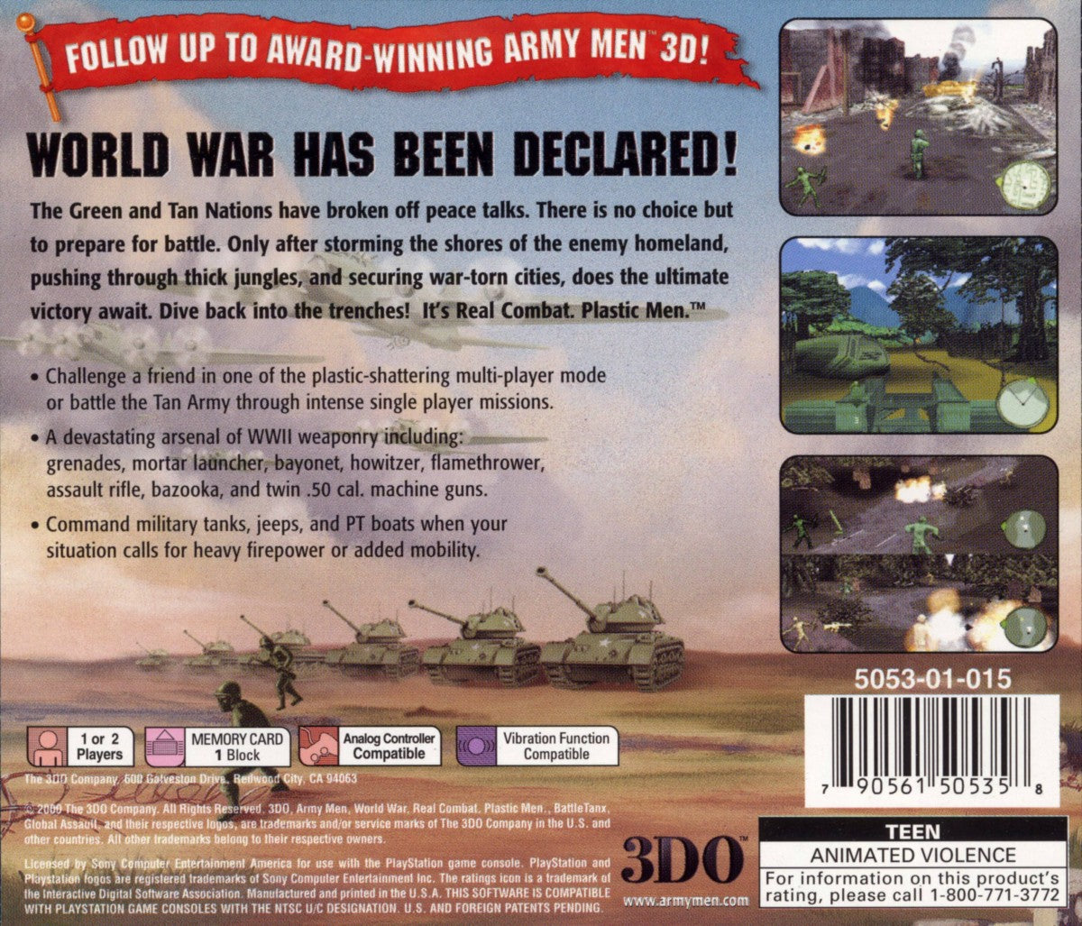 Army Men World War PlayStation PS1 for action strategy video game fans featuring classic green army men battles military missions tactical combat toy soldier gameplay vehicle warfare squad based action campaign missions colorful battlefield environments collectible gaming appeal back cover art