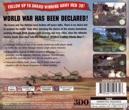 Army Men World War PlayStation PS1 for action strategy video game fans featuring classic green army men battles military missions tactical combat toy soldier gameplay vehicle warfare squad based action campaign missions colorful battlefield environments collectible gaming appeal back cover art