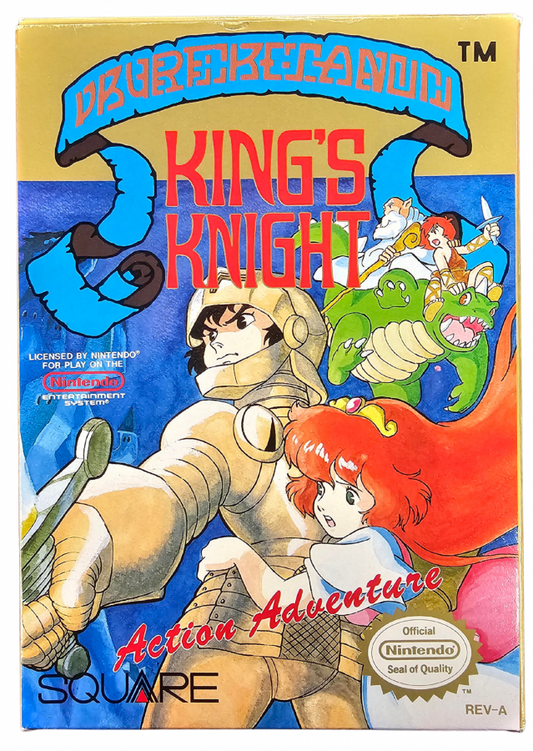 King's Knight Nintendo Entertainment System NES video game featuring action role playing gameplay fantasy adventure character battles enemy encounters weapon upgrades challenging stages scrolling action and classic 8 bit Nintendo gameplay retro video game collection collectible gaming appeal front cover art