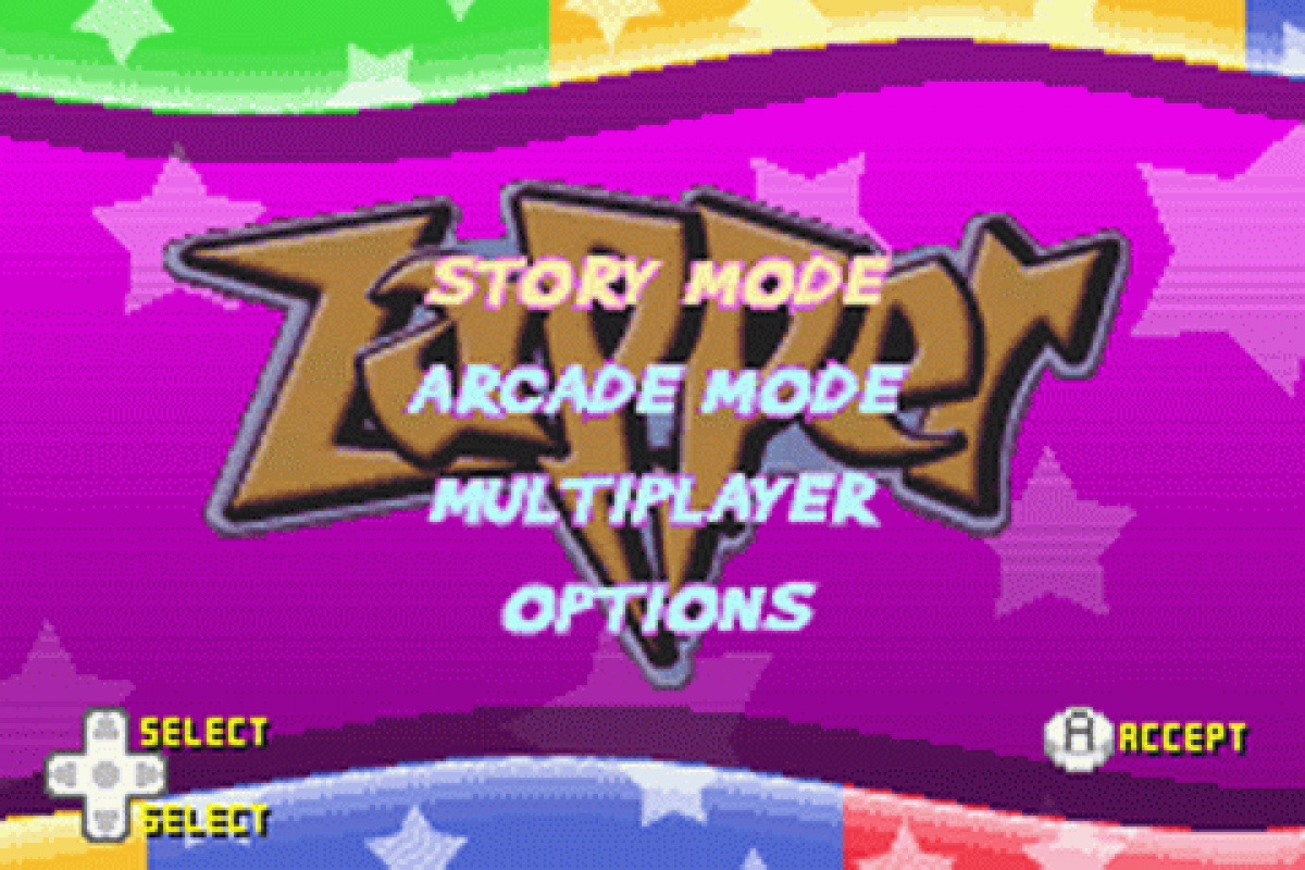 Zapper for Game Boy Advance, title screen for an action platformer video game with arcade-style gameplay, obstacle navigation, bug-themed levels, and fast-paced challenges
