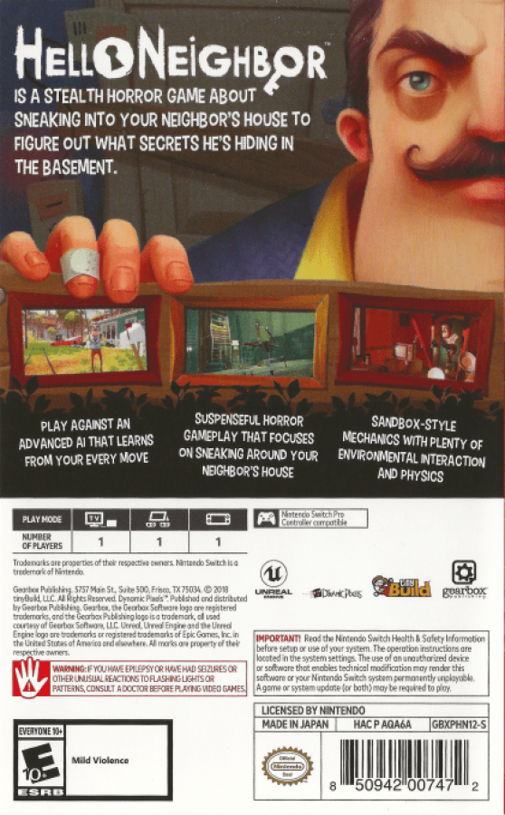 Hello Neighbor back of box for Nintendo Switch NS video game