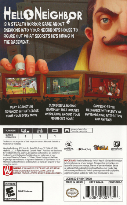 Hello Neighbor back of box for Nintendo Switch NS video game