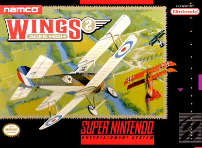 Wings 2 Aces High retro SNES video game Wings 2 military flight combat simulation World War aerial dogfights arcade style action gameplay console title Super Nintendo release cover art