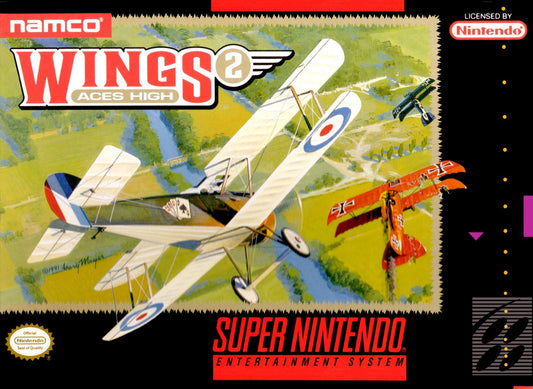Wings 2 Aces High retro SNES video game Wings 2 military flight combat simulation World War aerial dogfights arcade style action gameplay console title Super Nintendo release cover art