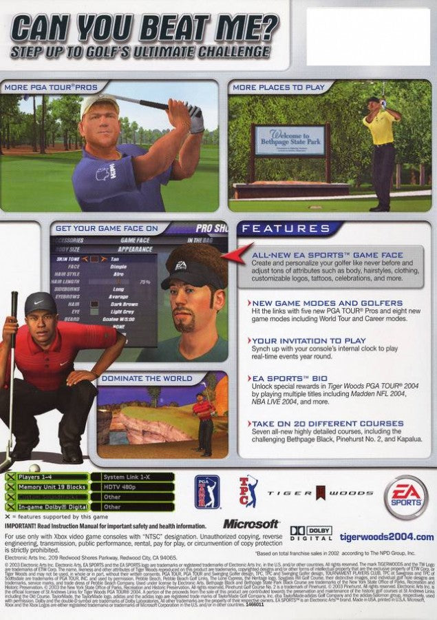 Tiger Woods PGA Tour 2004 back cover art for Xbox (XBOX) video game