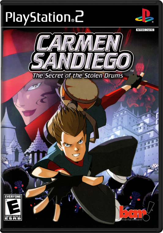 Carmen Sandiego: The Secret of the Stolen Drums for PlayStation 2 with adventure puzzle-solving theme cover art