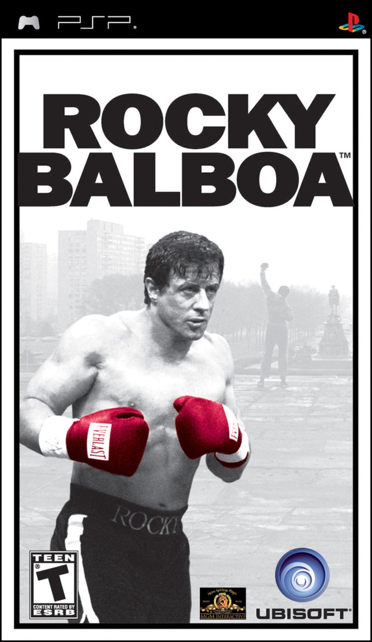 Rocky Balboa PlayStation Portable PSP video game featuring boxing sports gameplay Rocky Balboa character championship fights powerful punch combinations defensive blocking counterattacks training challenges career mode iconic boxing opponents movie inspired storylines and classic handheld PlayStation boxing action retro video game collection collectible gaming appeal front cover art