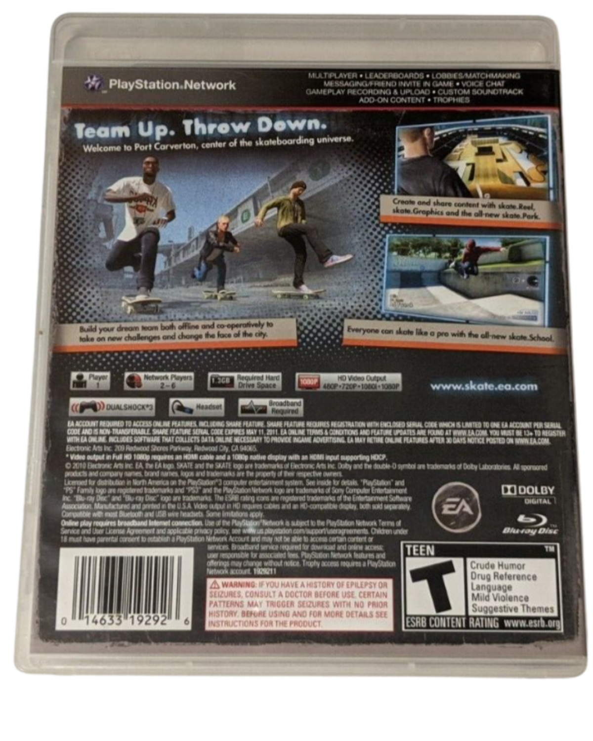 Skate 3 for PlayStation 3 skateboarding simulation game EA Black Box open world free skate career mode trick system multiplayer online gameplay back cover 
