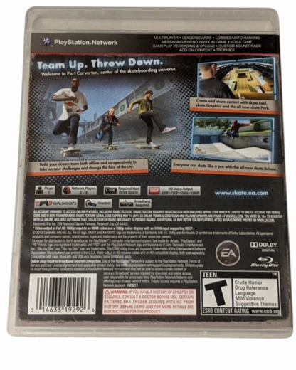 Skate 3 for PlayStation 3 skateboarding simulation game EA Black Box open world free skate career mode trick system multiplayer online gameplay back cover 