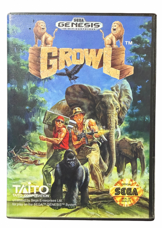 Growl Sega Genesis video game cartridge classic 16 bit arcade action game for retro gaming collectors Sega fans vintage video game enthusiasts Genesis game collection classic video games and retro gaming fans cover art