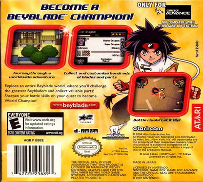 Beyblade G-Revolution Game Boy Advance GBA for action strategy video game fans featuring Beyblade battles spinning top customization special attacks tournament gameplay anime inspired characters competitive challenges and portable Nintendo GBA gaming collectible appeal back cover art