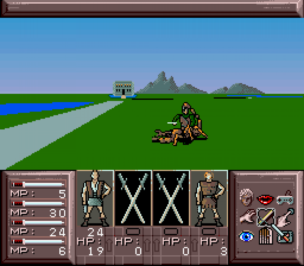 Drakkhen Super Nintendo Entertainment System SNES video game featuring fantasy role playing gameplay dragon battles open world exploration character customization magic spells dungeon exploration and challenging enemy encounters classic 16 bit Nintendo gameplay retro video game collection collectible gaming appeal gameplay