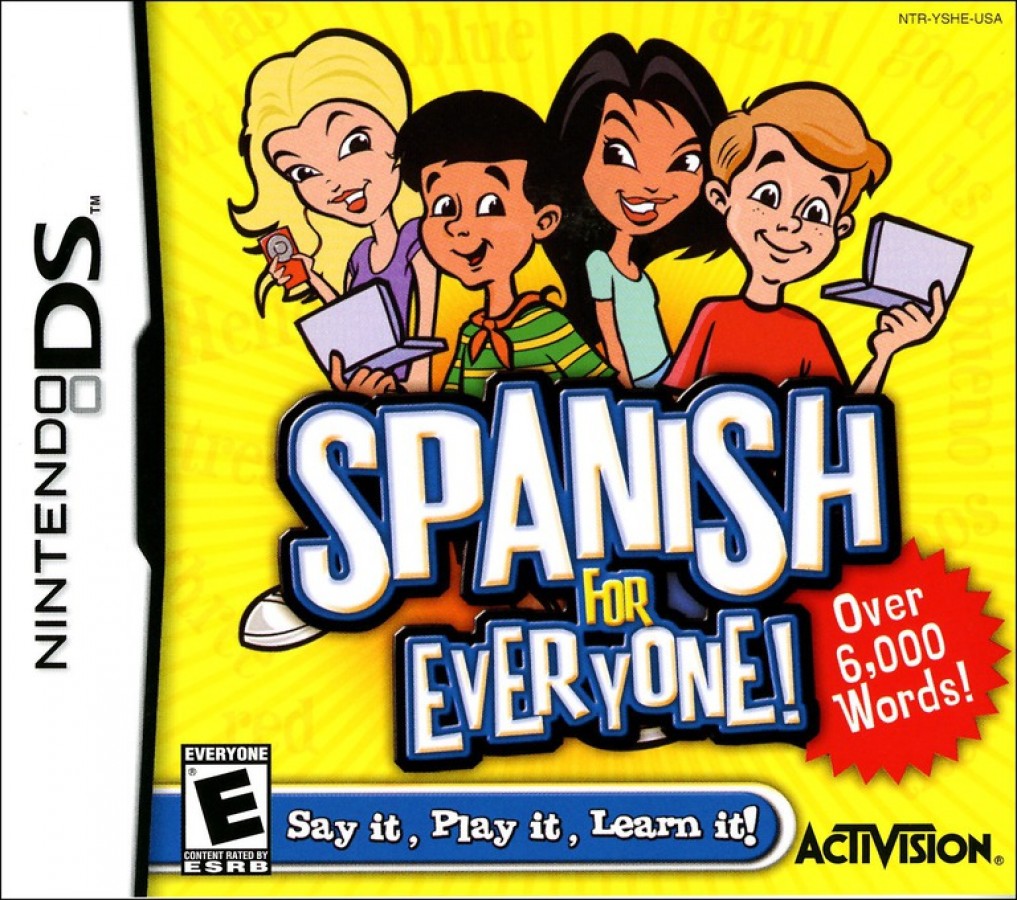 Spanish for Everyone for Nintendo DS, cover image for an educational language learning video game with vocabulary exercises, pronunciation practice, interactive lessons, and casual study gameplay