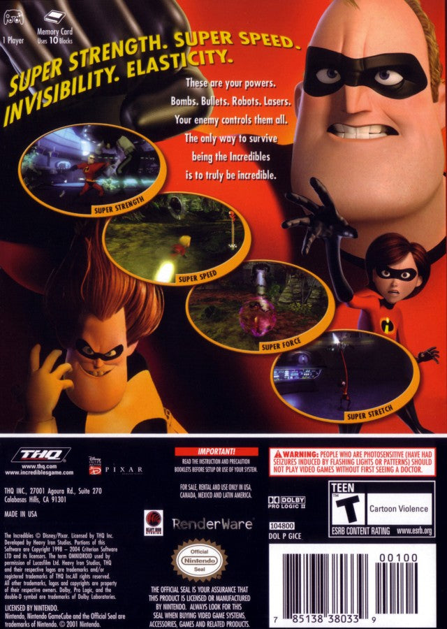 retro The Incredibles Players Choice Nintendo GameCube cover art collectible Disney Pixar action adventure game authentic classic gaming gameplay rear art 