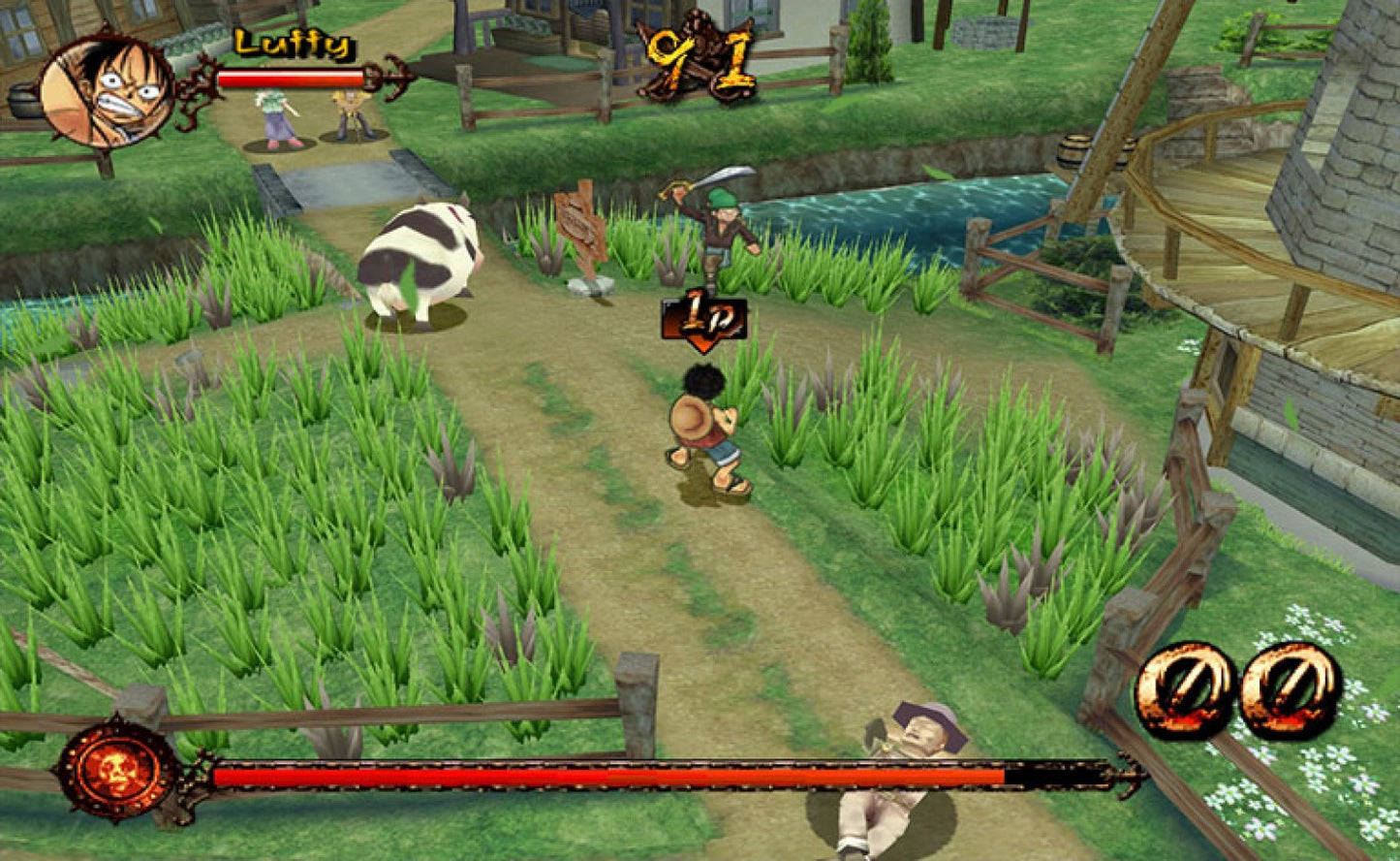 One Piece Grand Adventure GameCube game featuring anime-style fighting gameplay and adventure modes with One Piece characters gameplay screenshot