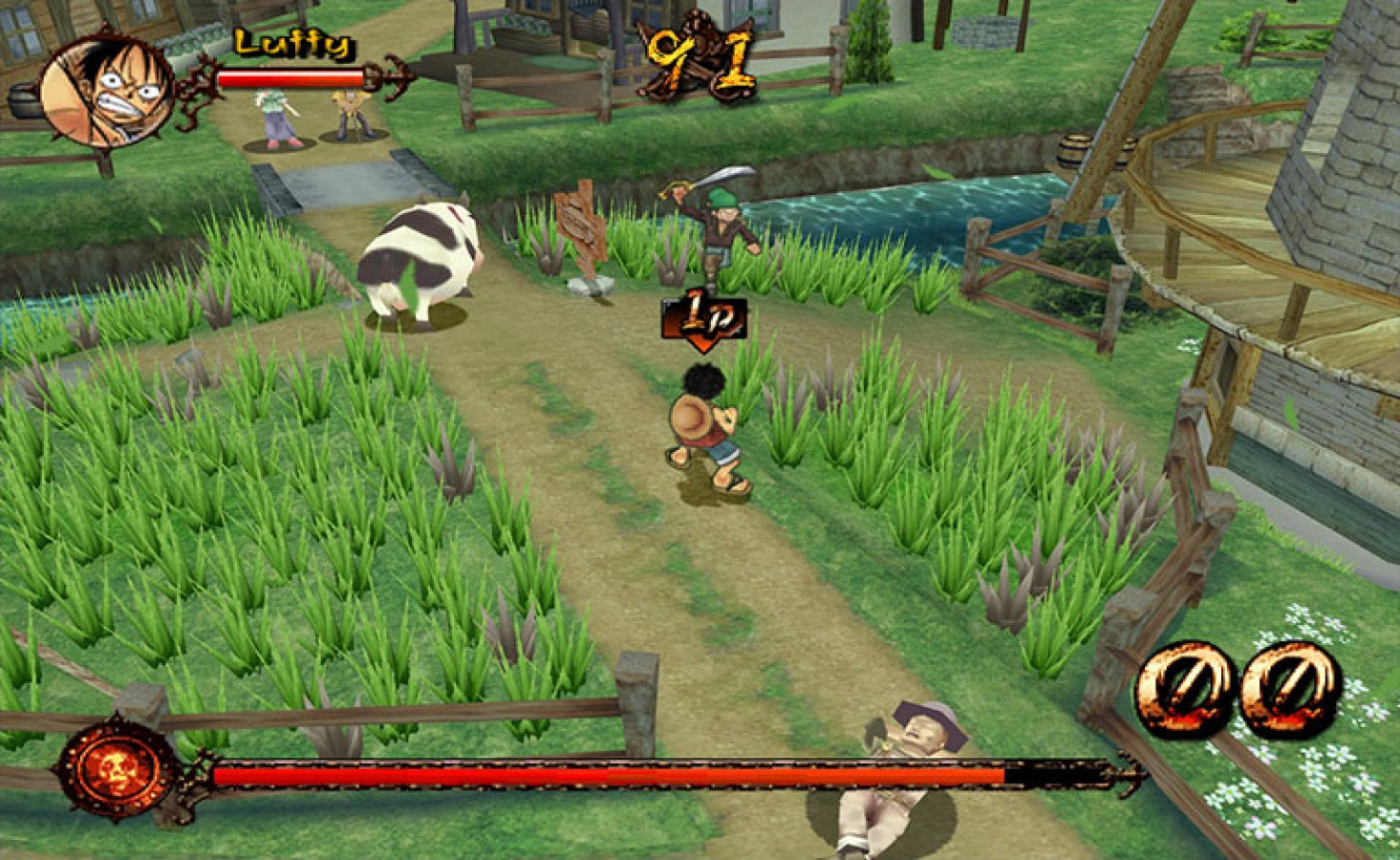 One Piece Grand Adventure GameCube game featuring anime-style fighting gameplay and adventure modes with One Piece characters gameplay screenshot