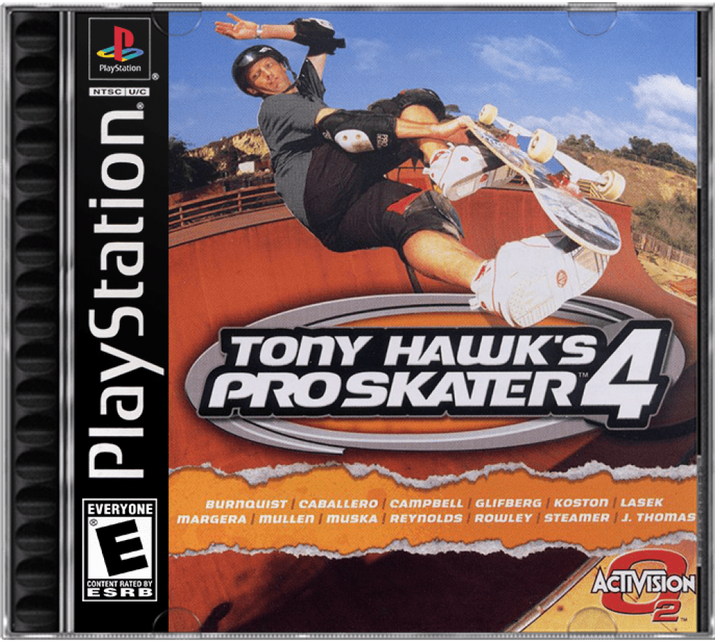 Tony Hawk’s Pro Skater 4 cover art for PlayStation 1 PS1 video game, skateboarding sports action, trick-based gameplay, classic extreme sports title