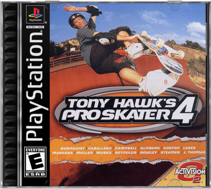 Tony Hawk’s Pro Skater 4 cover art for PlayStation 1 PS1 video game, skateboarding sports action, trick-based gameplay, classic extreme sports title