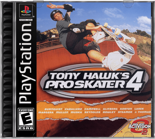 Tony Hawk’s Pro Skater 4 cover art for PlayStation 1 PS1 video game, skateboarding sports action, trick-based gameplay, classic extreme sports title