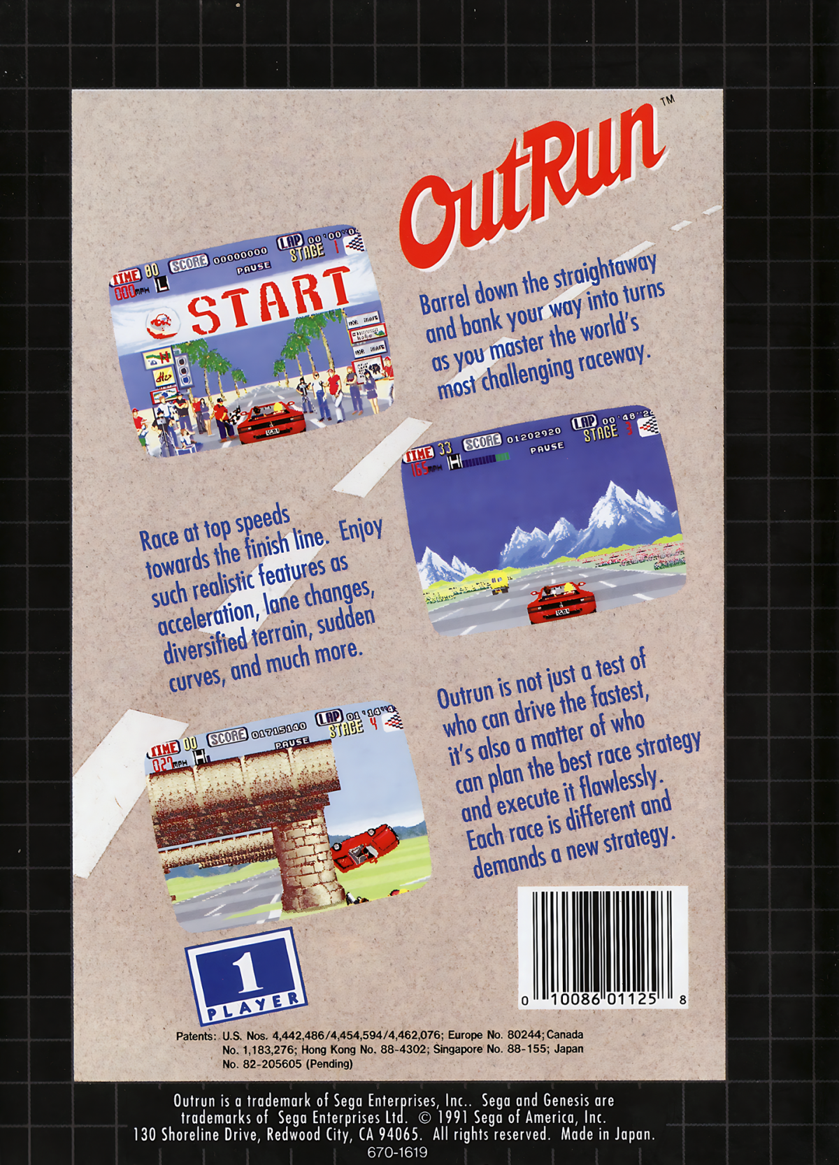 OutRun Sega Genesis video game, classic arcade racing, high-speed driving gameplay, retro Sega console title back cover