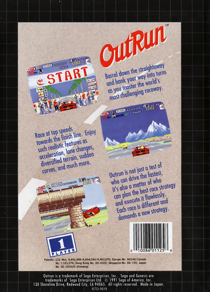 OutRun Sega Genesis video game, classic arcade racing, high-speed driving gameplay, retro Sega console title back cover
