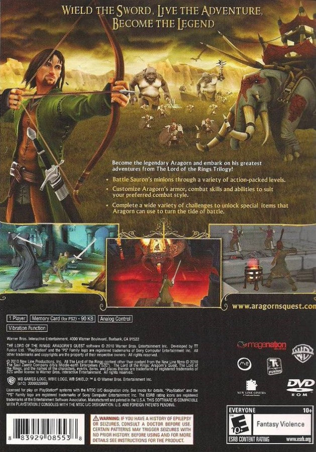 Lord of the Rings Aragorns Quest PS2 PlayStation 2 action adventure game retro video game back of case