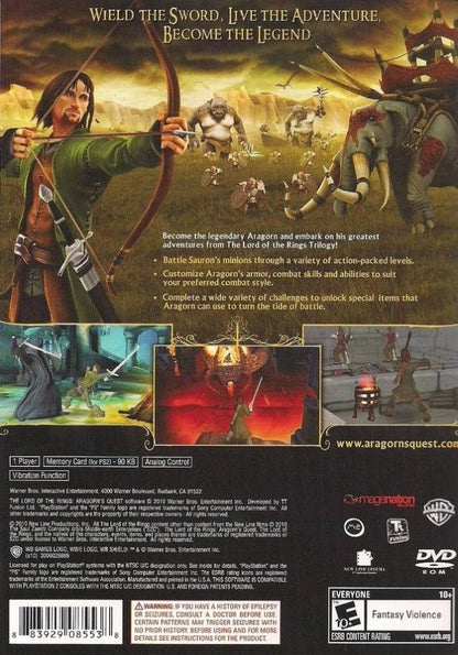 Lord of the Rings Aragorns Quest PS2 PlayStation 2 action adventure game retro video game back of case