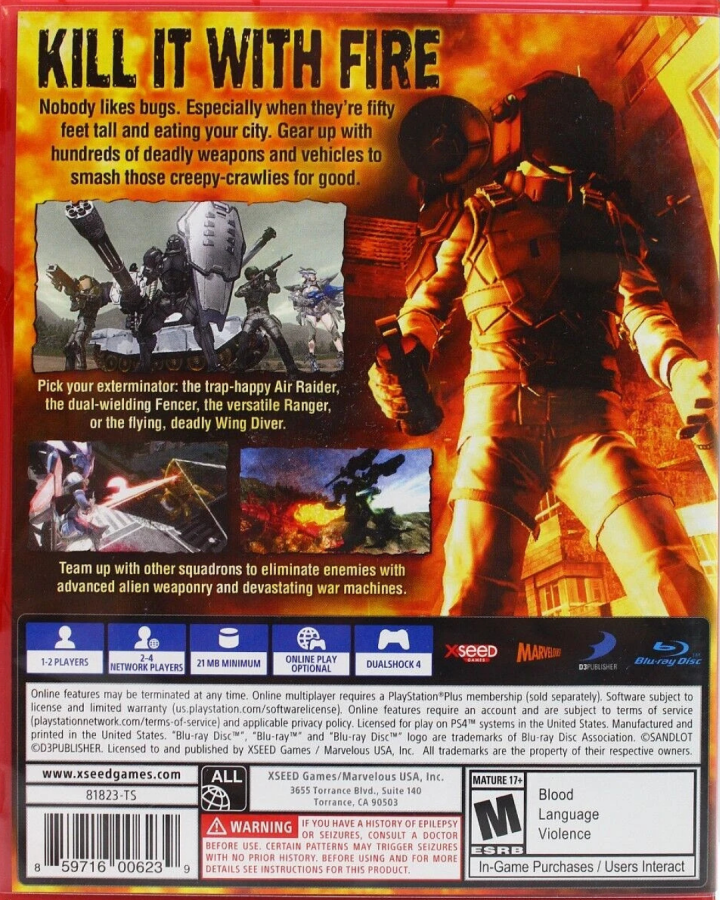 Retro Earth Defense Force 4 1 The Shadow of New Despair PlayStation Hits PS4 inspired design featuring massive alien invasion warfare aesthetic futuristic military action giant insects explosive sci fi battles squad based combat chaotic destruction nostalgic arcade shooter presentation back cover
