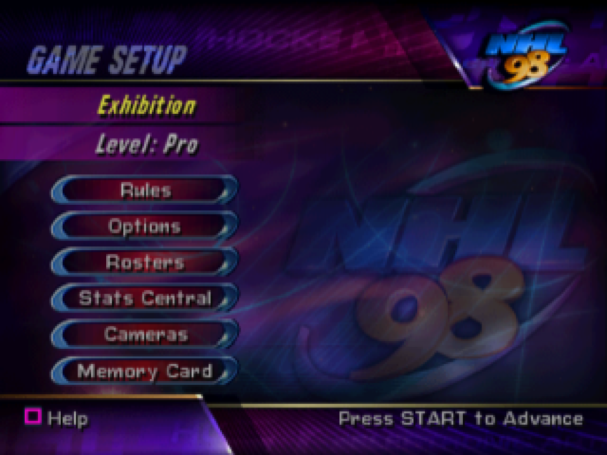 NHL 98 PlayStation 1 PS1 video game, ice hockey sports simulation, classic NHL teams and players, arcade-style gameplay main menu title screen
