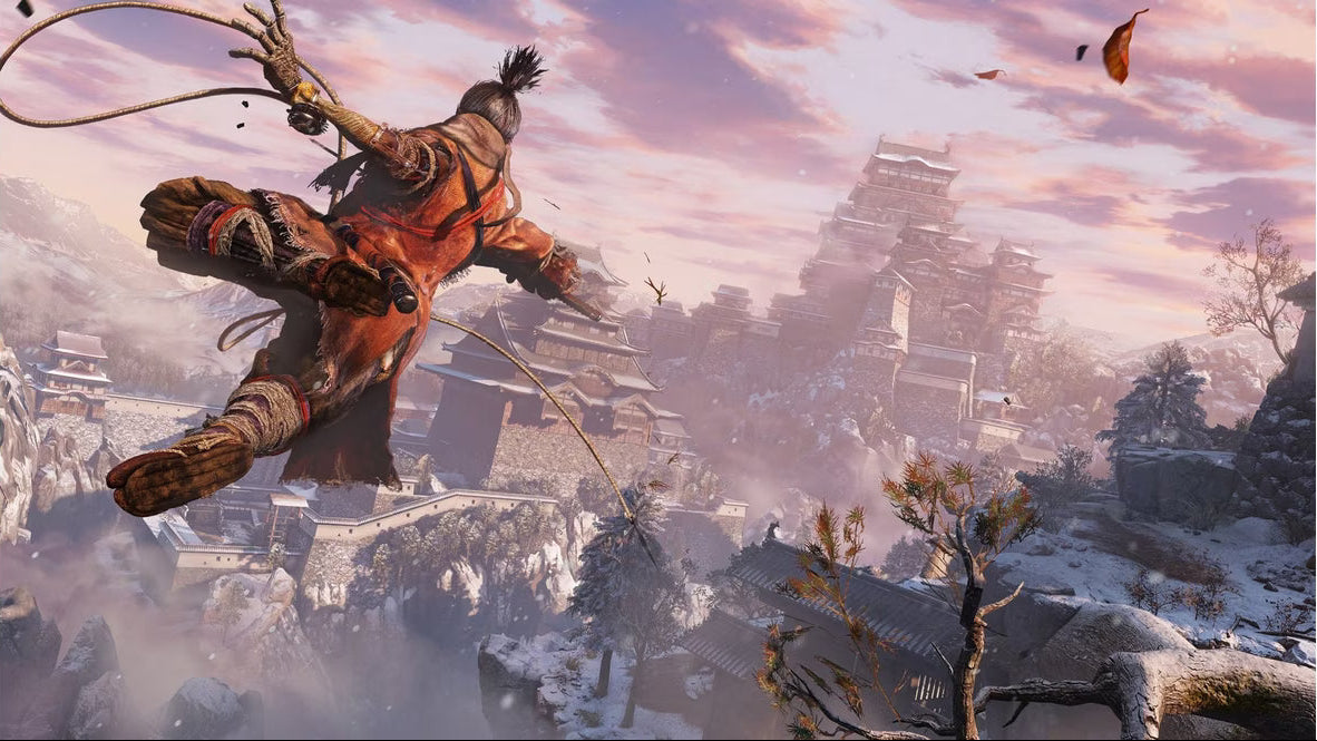 Retro Sekiro Shadows Die Twice PS4 inspired design featuring feudal Japan action adventure aesthetic shinobi stealth combat brutal sword duels mythical creatures FromSoftware gameplay intense samurai atmosphere cinematic dark fantasy presentation gameplay