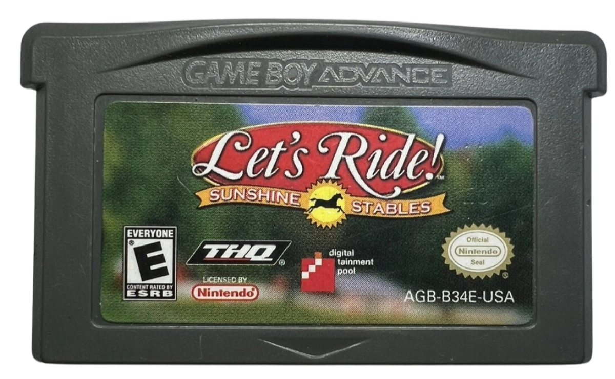 Let’s Ride Sunshine Stables for Game Boy Advance (GBA), cartridge for a retro video game featuring horse riding simulation gameplay, stable management, training challenges, and equestrian adventure activities