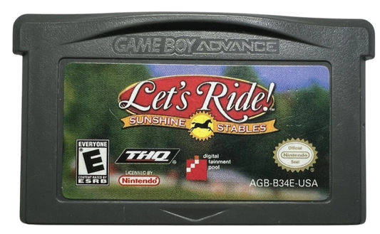 Let’s Ride Sunshine Stables for Game Boy Advance (GBA), cartridge for a retro video game featuring horse riding simulation gameplay, stable management, training challenges, and equestrian adventure activities