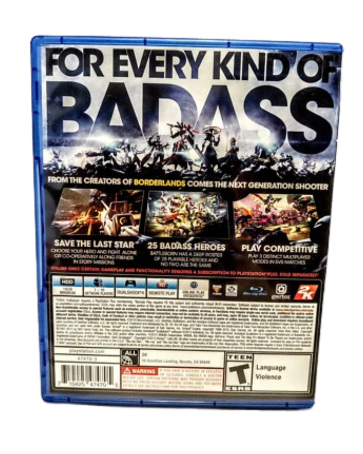 Battleborn retro PS4 video game Battleborn hero shooter multiplayer online battle arena sci fi first person action team based combat console release back cover 
