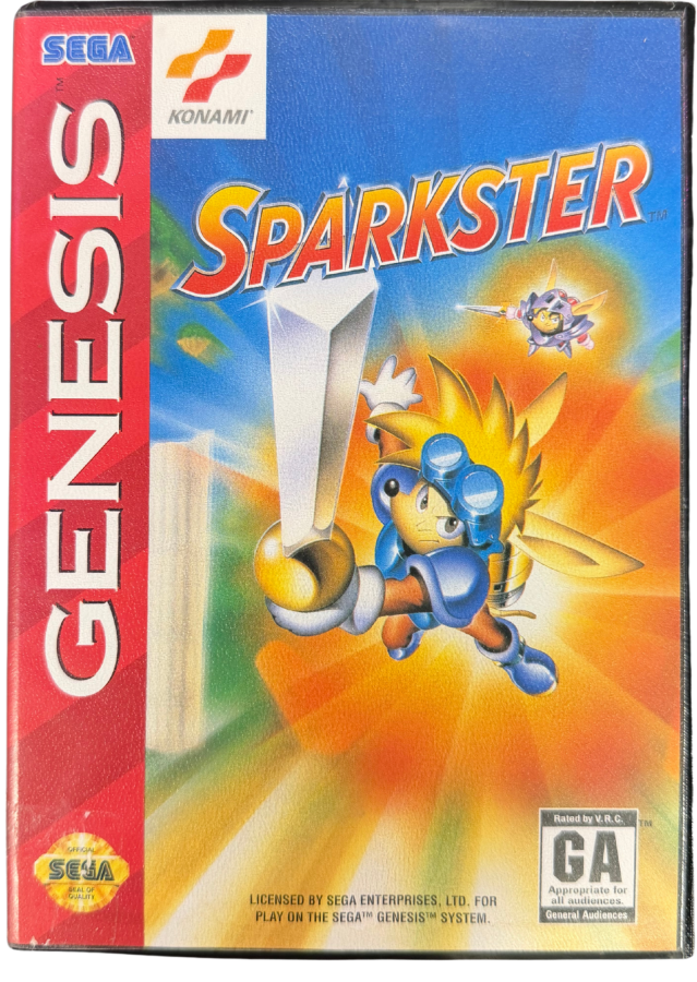 Sparkster Sega Genesis for retro video game enthusiasts featuring side scrolling action platforming gameplay rocket powered knight adventures fast paced combat colorful fantasy worlds challenging boss battles classic 16 bit gaming and collectible gaming appeal cover art