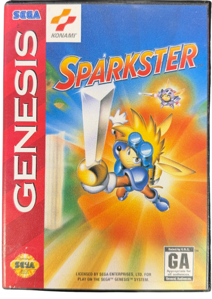 Sparkster Sega Genesis for retro video game enthusiasts featuring side scrolling action platforming gameplay rocket powered knight adventures fast paced combat colorful fantasy worlds challenging boss battles classic 16 bit gaming and collectible gaming appeal cover art