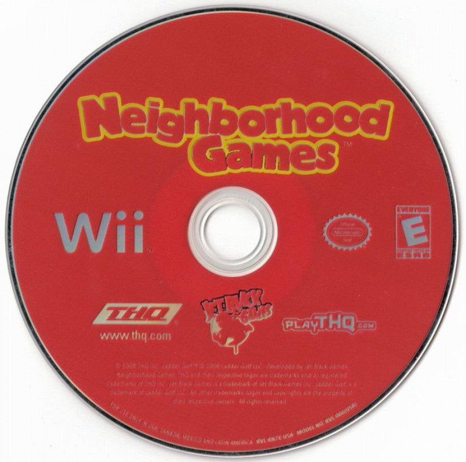 Neighborhood Games disc art for Nintendo Wii (Wii) featuring casual motion‑controlled sports and mini‑games like basketball, football, and darts in a backyard setting.