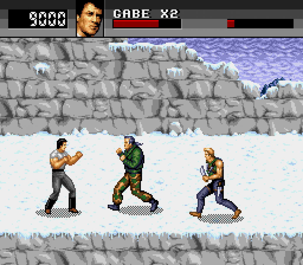 Cliffhanger Sega CD action platformer movie tie in based on Sylvester Stallone film mountain climbing combat survival missions side scrolling gameplay rock climbing hazards fighting enemies cinematic presentation retro gaming Sega CD software video game title gameplay