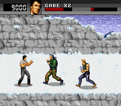 Cliffhanger Sega CD action platformer movie tie in based on Sylvester Stallone film mountain climbing combat survival missions side scrolling gameplay rock climbing hazards fighting enemies cinematic presentation retro gaming Sega CD software video game title gameplay