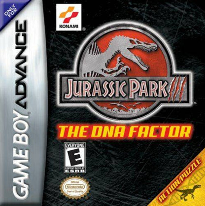 Jurassic Park III DNA Factor Game Boy Advance GBA video game featuring Jurassic Park dinosaur adventure gameplay DNA research challenges puzzle solving prehistoric environments dinosaur encounters island exploration and classic handheld Nintendo action retro video game collection collectible gaming appeal cover art 